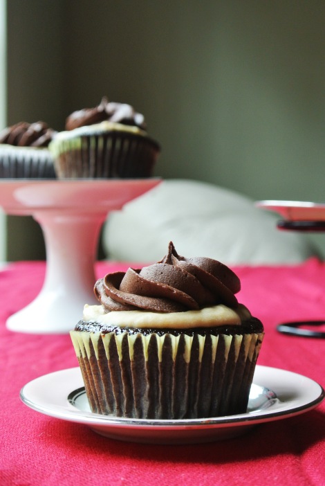 Pumpkin Pie-Filled Chocolate Cupcakes with Salted Caramel Cream Cheese Frosting and Chocolate Ganache